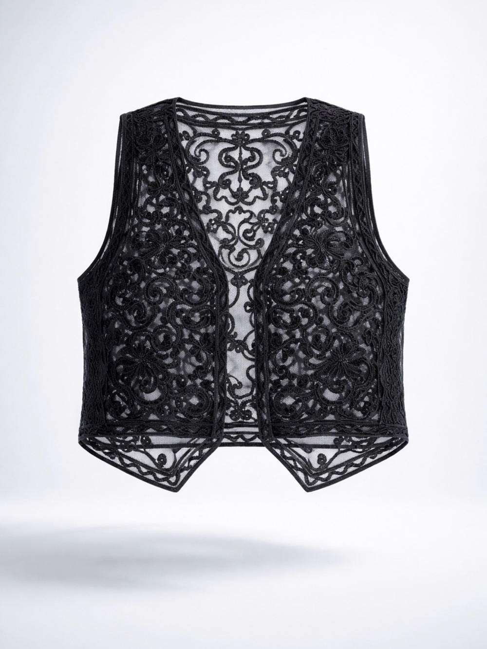 Elegant Vintage Large Jasmi Black Lace Button Up Party Vest